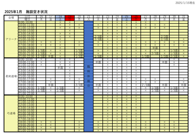 アリーナ空き状況表