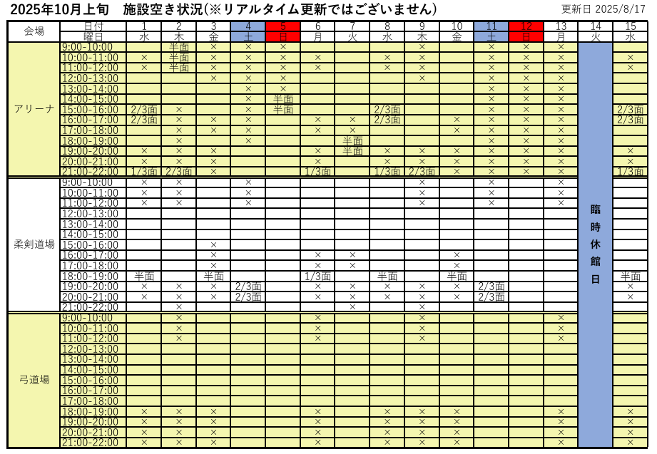 アリーナ空き状況表