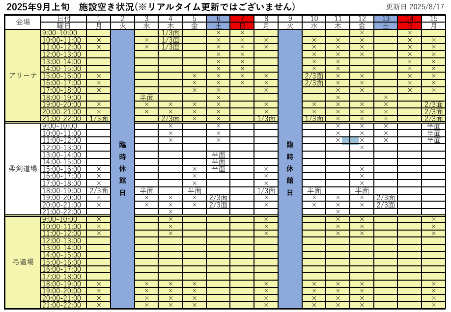 アリーナ空き状況表