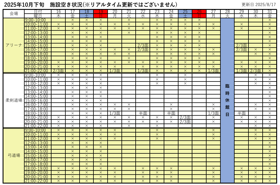 アリーナ空き状況表