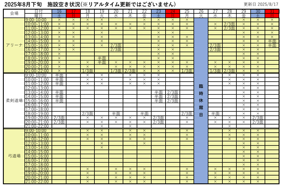 アリーナ空き状況表