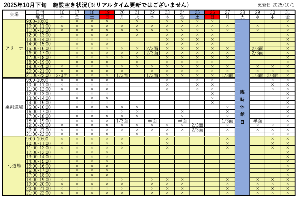 アリーナ空き状況表