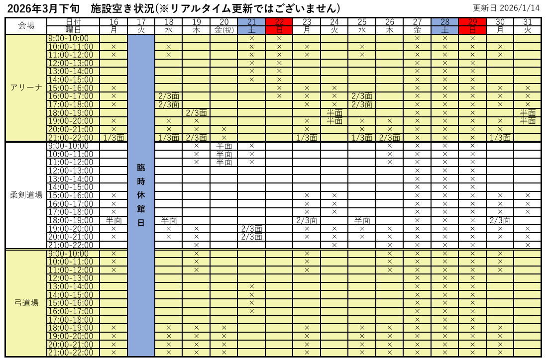 アリーナ空き状況表