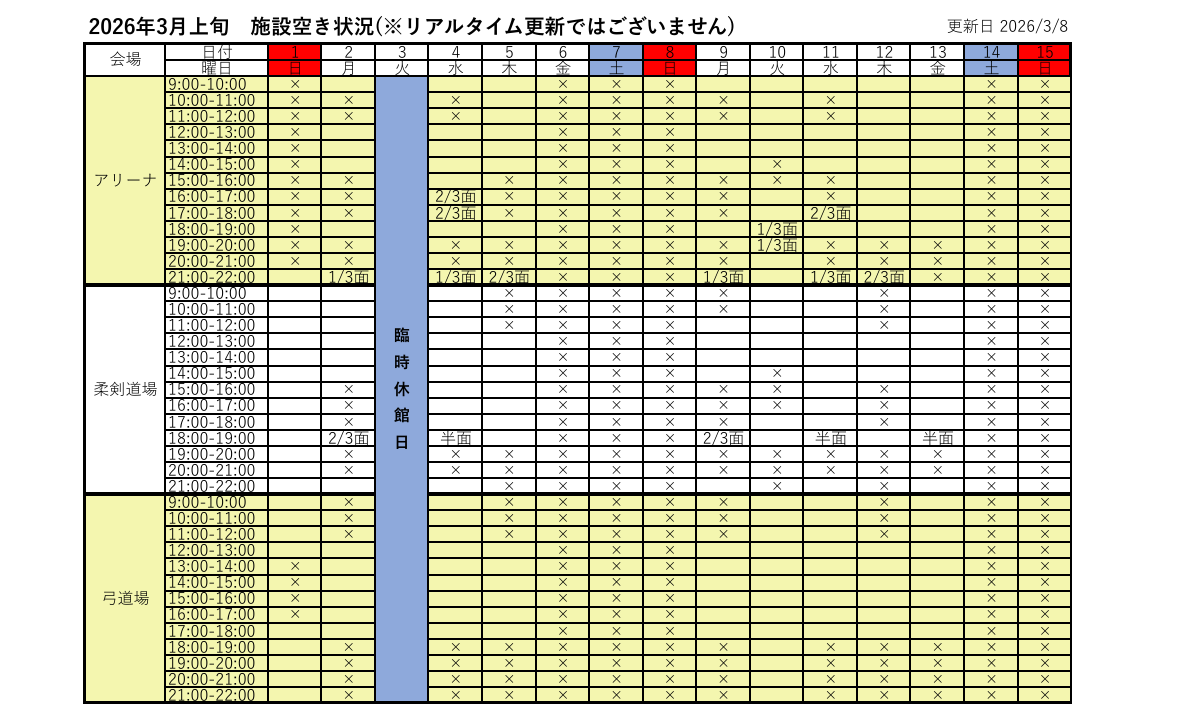 アリーナ空き状況表